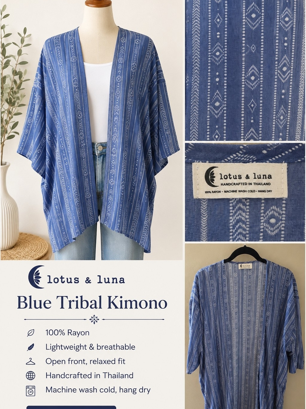 Lotus & Luna Blue Tribal Open-Front Kimono Tunic